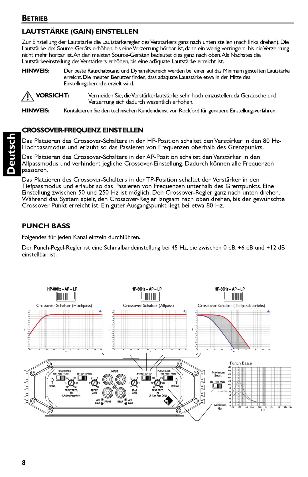 Rockford Fosgate R300-4 manual Betrieb Lautstärke Gain Einstellen, CROSSOVER-FREQUENZ Einstellen 