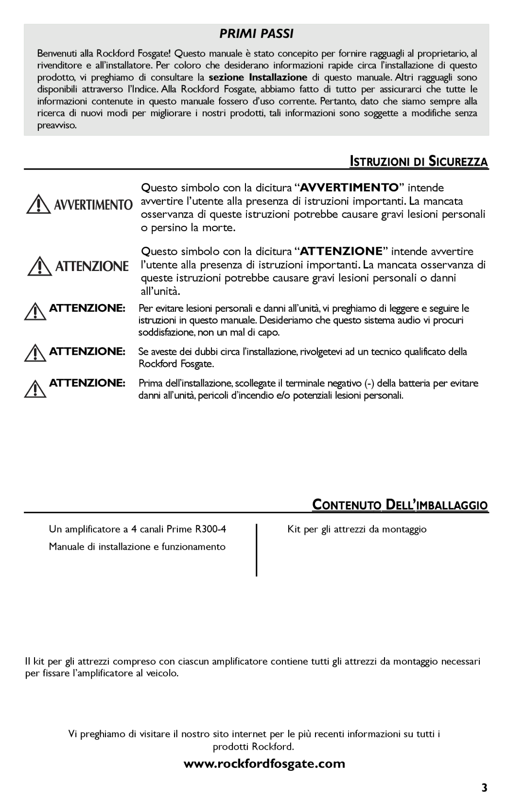 Rockford Fosgate R300-4 manual Istruzioni DI Sicurezza, Contenuto DELL’IMBALLAGGIO 