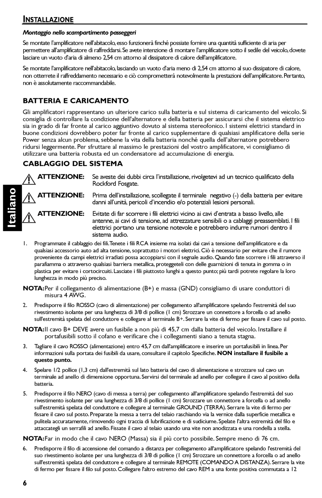 Rockford Fosgate R300-4 manual Installazione, Batteria E Caricamento, Cablaggio DEL Sistema 