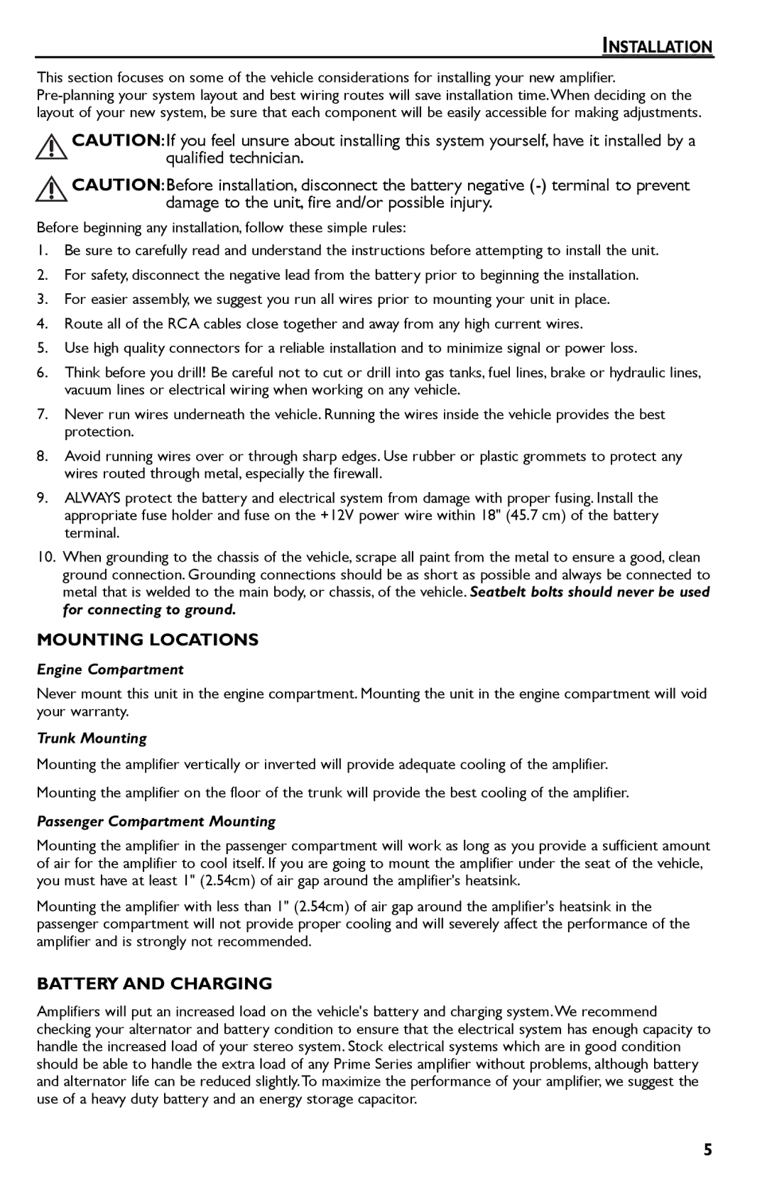 Rockford Fosgate R300-4 manual Installation, Mounting Locations, Battery and Charging 