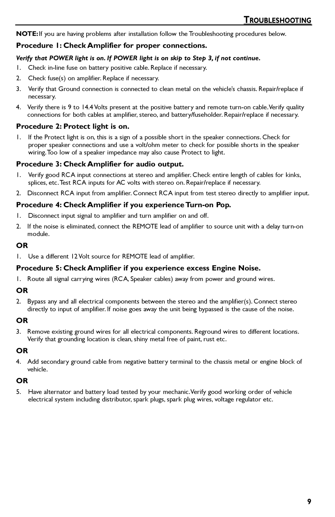 Rockford Fosgate R300-4 manual Troubleshooting, Procedure 1 Check Amplifier for proper connections 