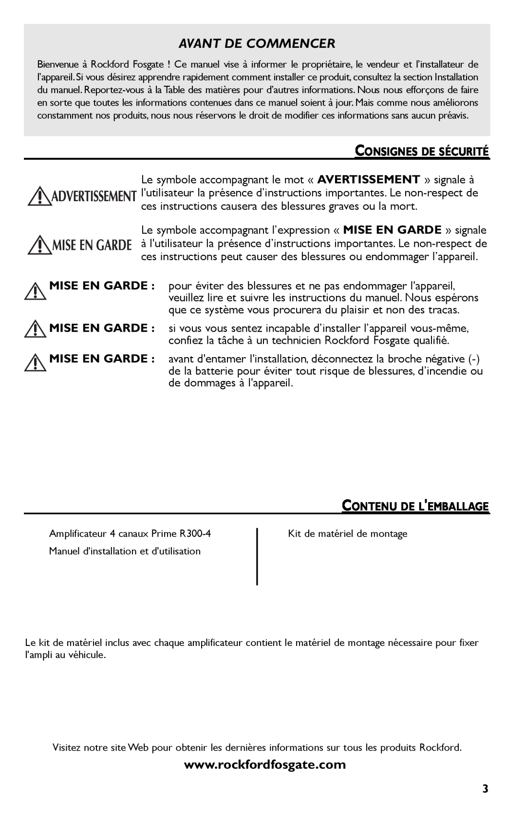 Rockford Fosgate R300-4 manual Avant De Commencer, Consignes De Sécurité, Contenu De Lemballage 