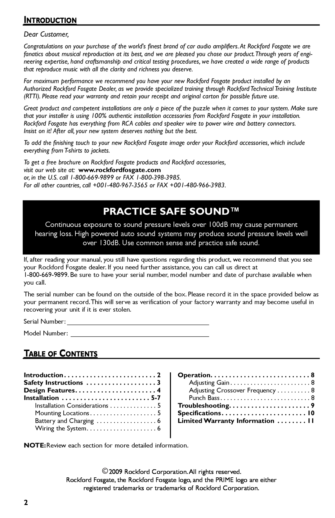 Rockford Fosgate R300-4 manual Practice Safe Sound, Introduction, Table Of Contents 