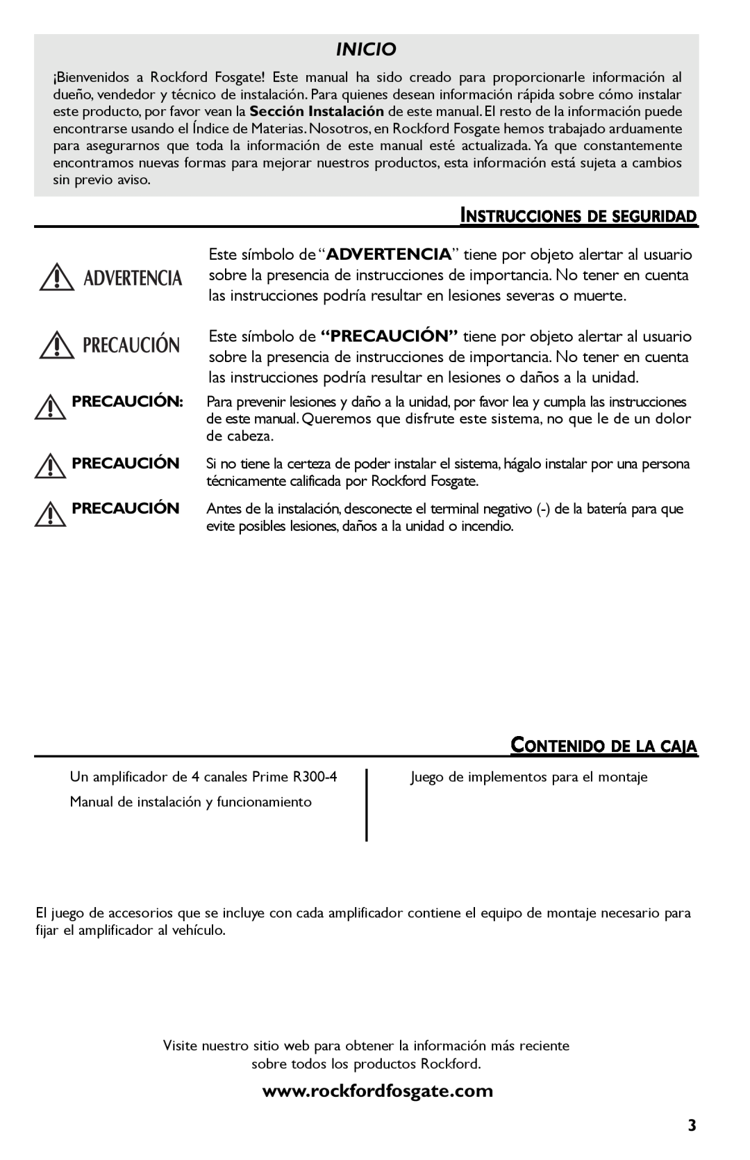 Rockford Fosgate R300-4 manual Inicio, Instrucciones De Seguridad, Contenido De La Caja 