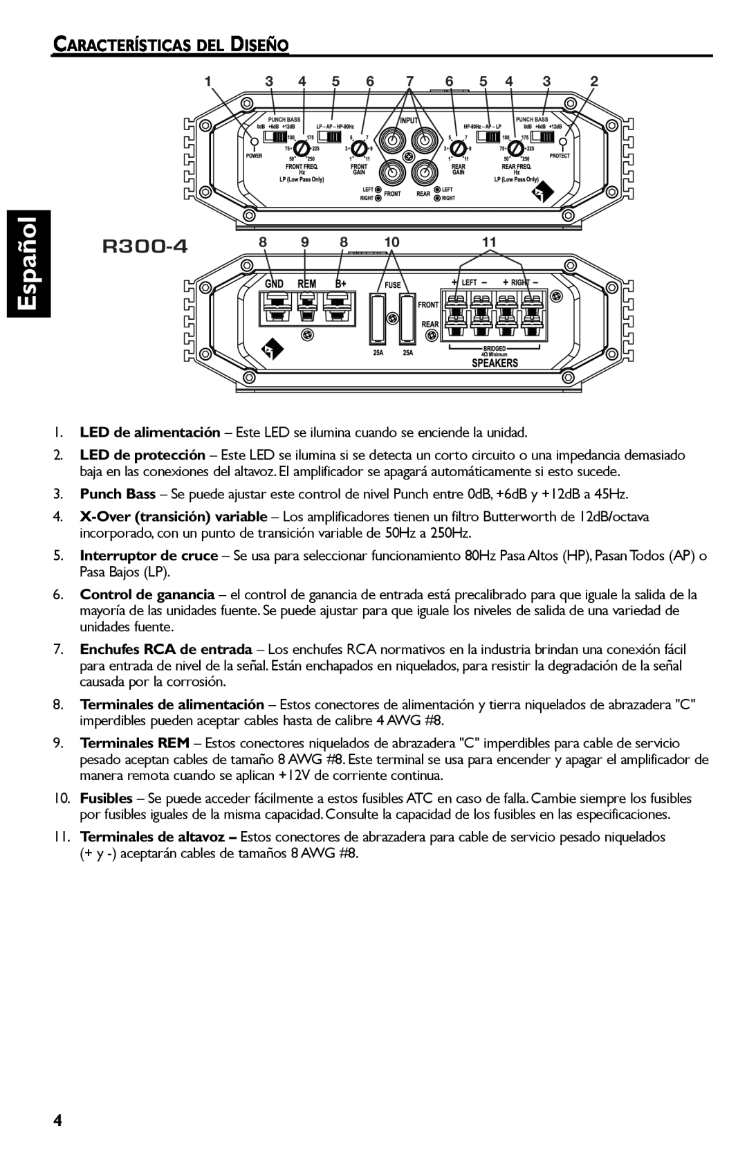 Rockford Fosgate R300-4 manual Español, Características Del Diseño 