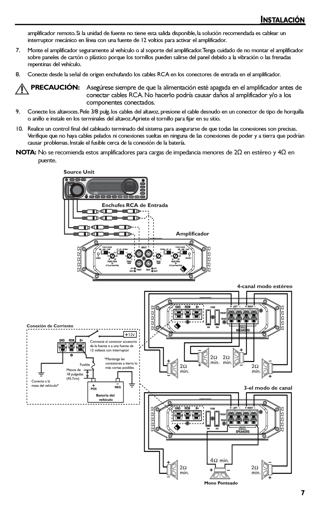 Rockford Fosgate R300-4 manual Source Unit Enchufes RCA de Entrada Amplificador, canalmodo estéreo, elmodo de canal 