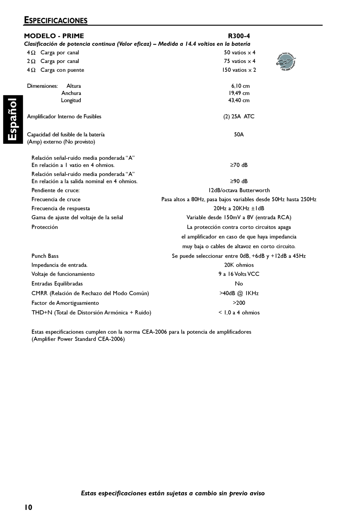Rockford Fosgate R300-4 manual Español, Especificaciones, Modelo - Prime 