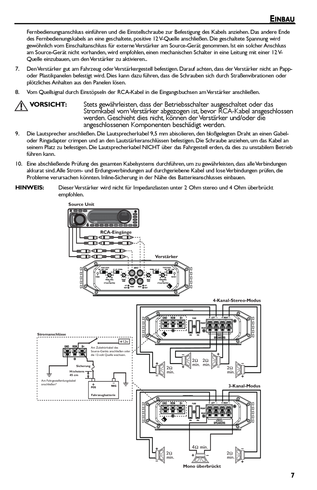 Rockford Fosgate R300-4 manual Source Unit RCA-Eingänge Verstärker, Mono überbrückt, Kanal-Stereo-Modus, Kanal-Modus 
