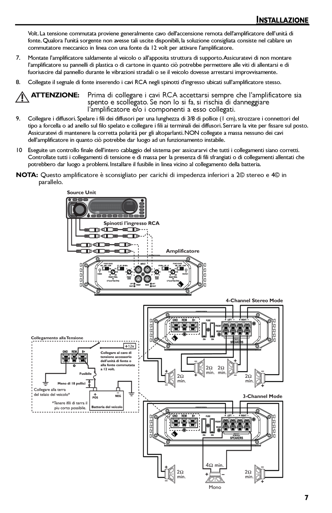 Rockford Fosgate R300-4 manual Source Unit Spinotti lingresso RCA Amplificatore, ChannelStereo Mode, ChannelMode 