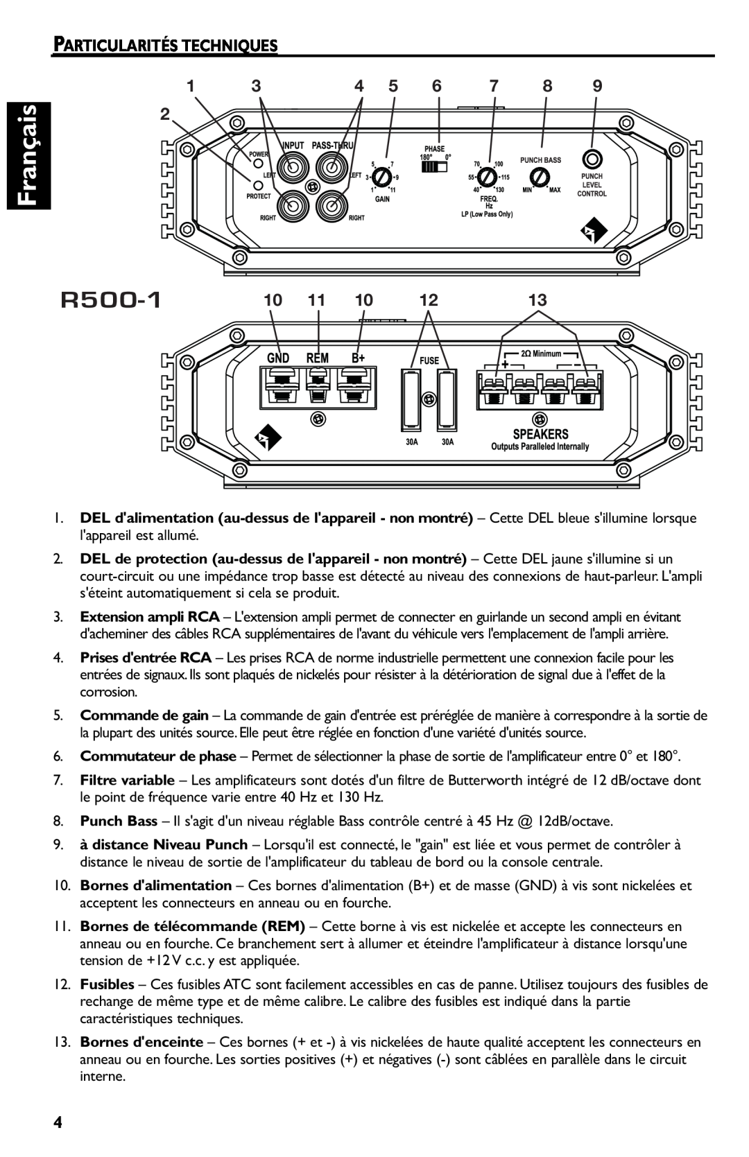 Rockford Fosgate R500-1 manual Français, Particularités Techniques 
