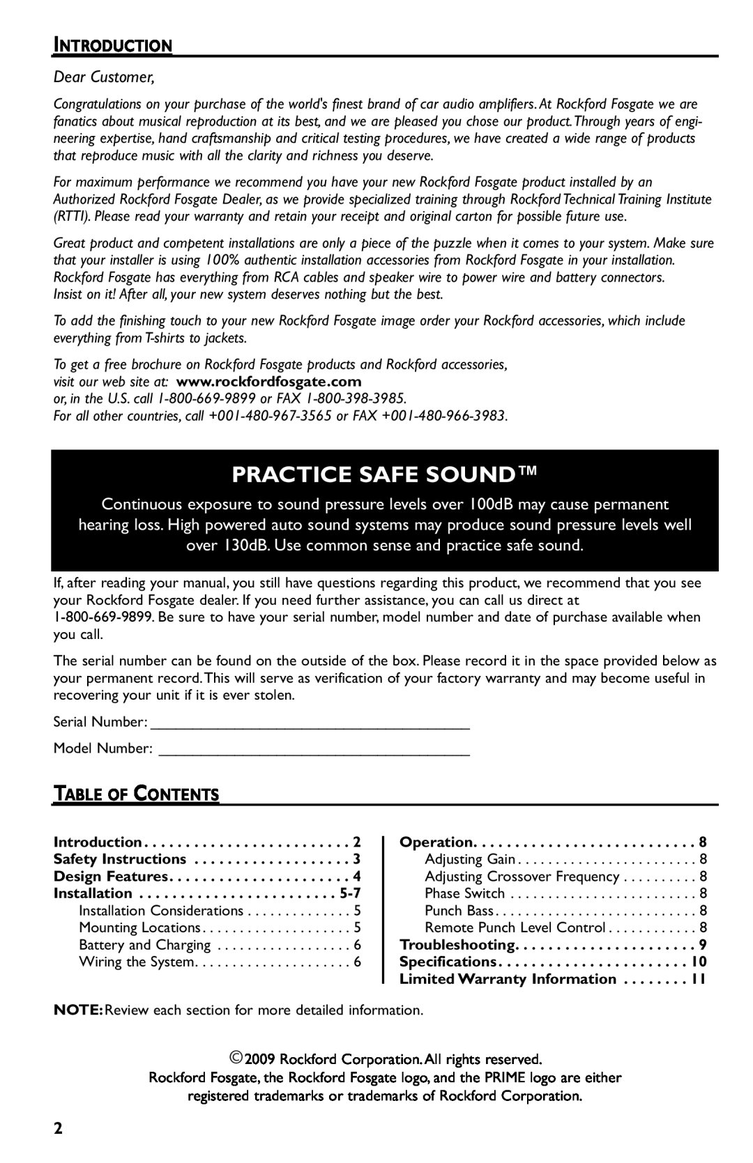 Rockford Fosgate R500-1 manual Practice Safe Sound, Introduction, Table Of Contents 
