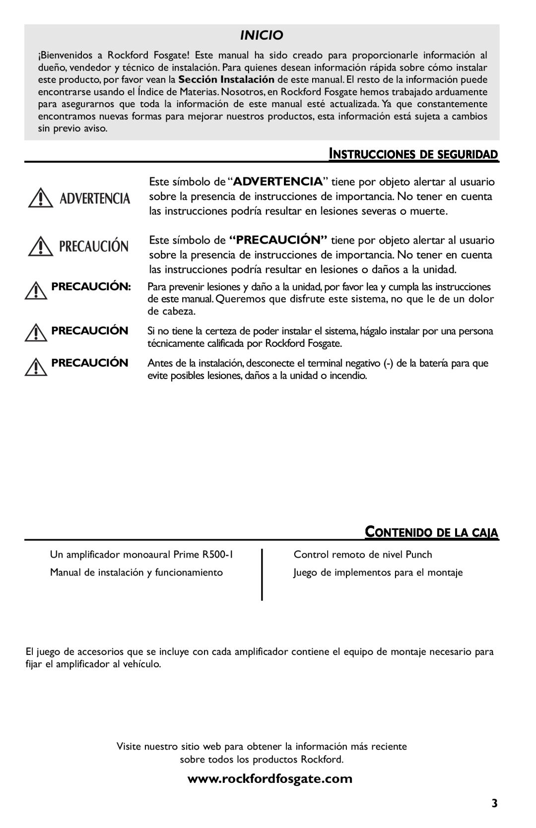 Rockford Fosgate R500-1 manual Inicio, Instrucciones De Seguridad, Contenido De La Caja 