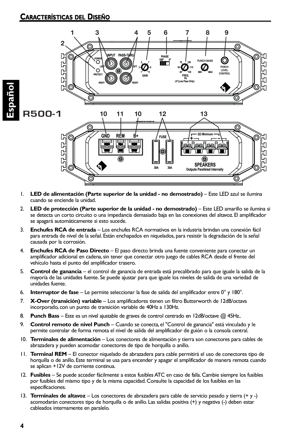 Rockford Fosgate R500-1 manual Español, Características Del Diseño 