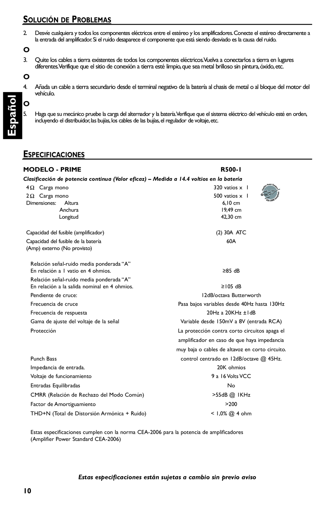 Rockford Fosgate R500-1 manual Español, Solución De Problemas, Especificaciones, Modelo - Prime 