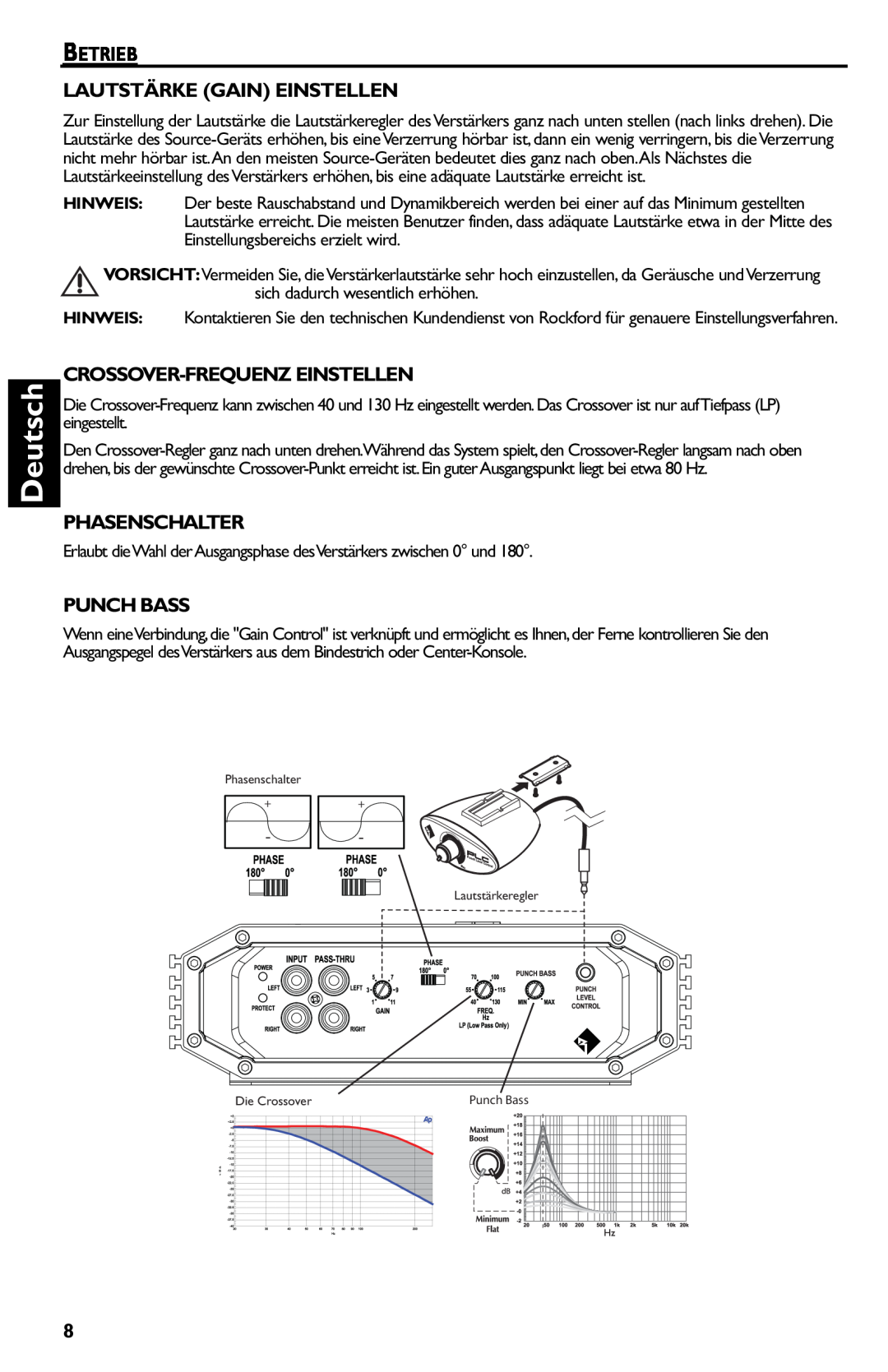 Rockford Fosgate R500-1 manual Deutsch, Betrieb Lautstärke Gain Einstellen, Crossover-Frequenzeinstellen, Phasenschalter 