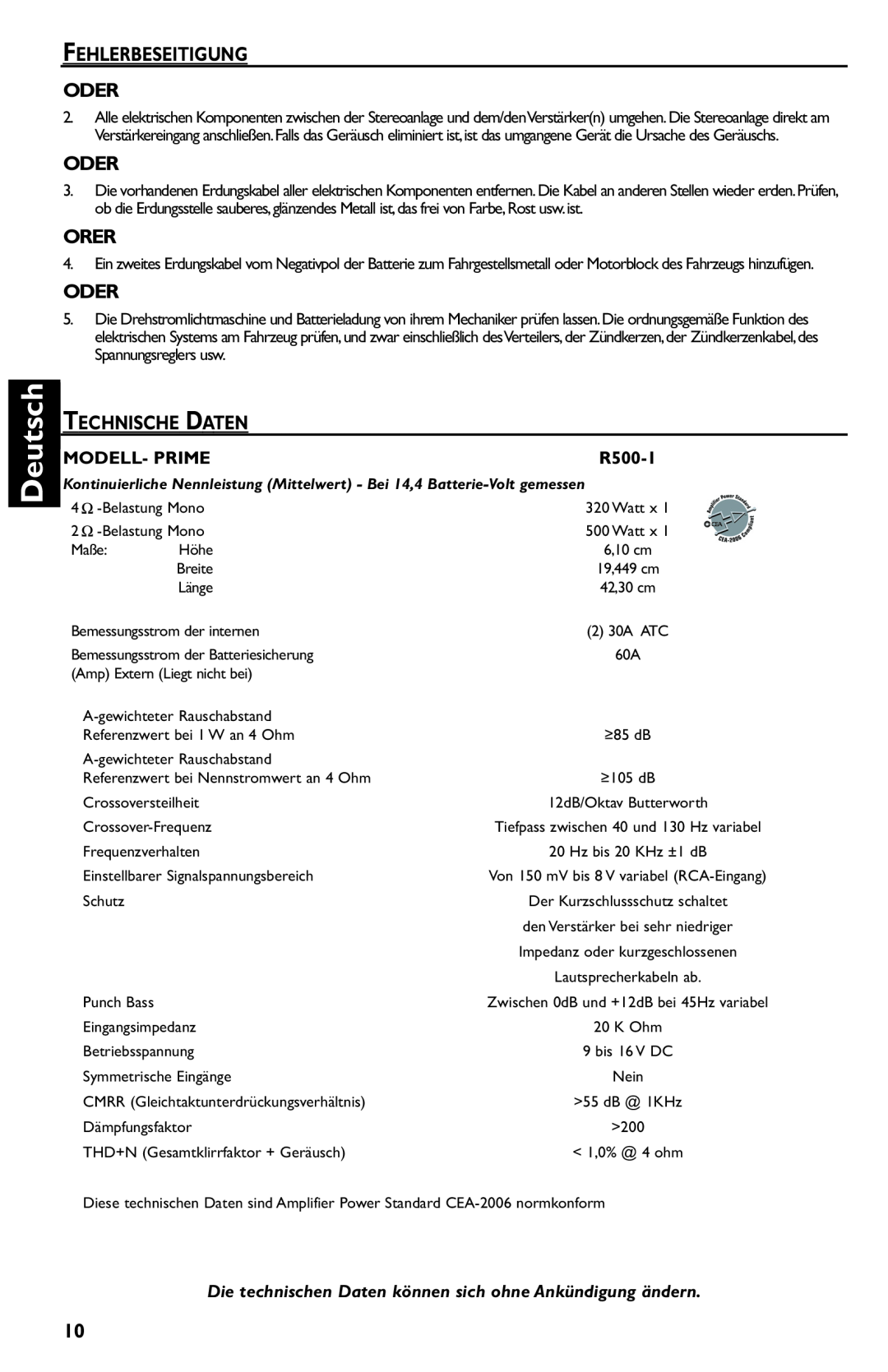 Rockford Fosgate R500-1 manual Deutsch, Fehlerbeseitigung Oder, Orer, Technische Daten 