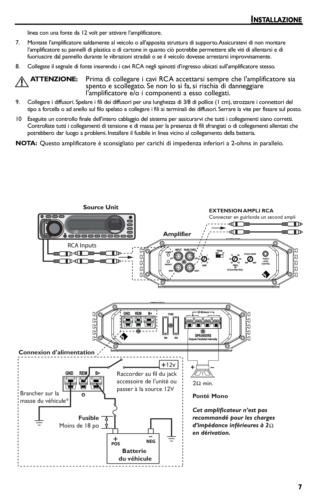 Rockford Fosgate R500-1 manual Extension Ampli Rca, Installazione, Connexion dalimentation, Batterie du véhicule 