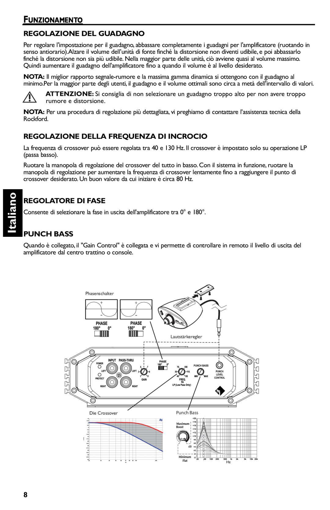 Rockford Fosgate R500-1 manual Italiano, Funzionamento Regolazione Del Guadagno, Regolazione Della Frequenza Di Incrocio 