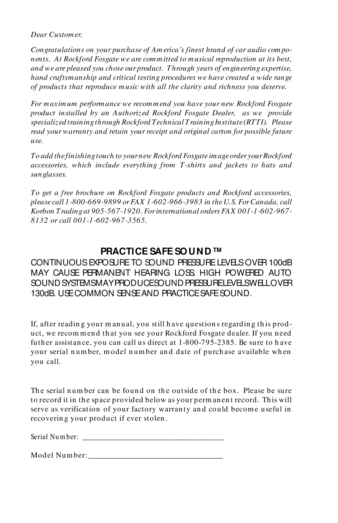 Rockford Fosgate RFA-810, RFA-408, RFA-812 Practice Safe Sound, Continuous Exposure to Sound Pressure Levels Over 100dB 