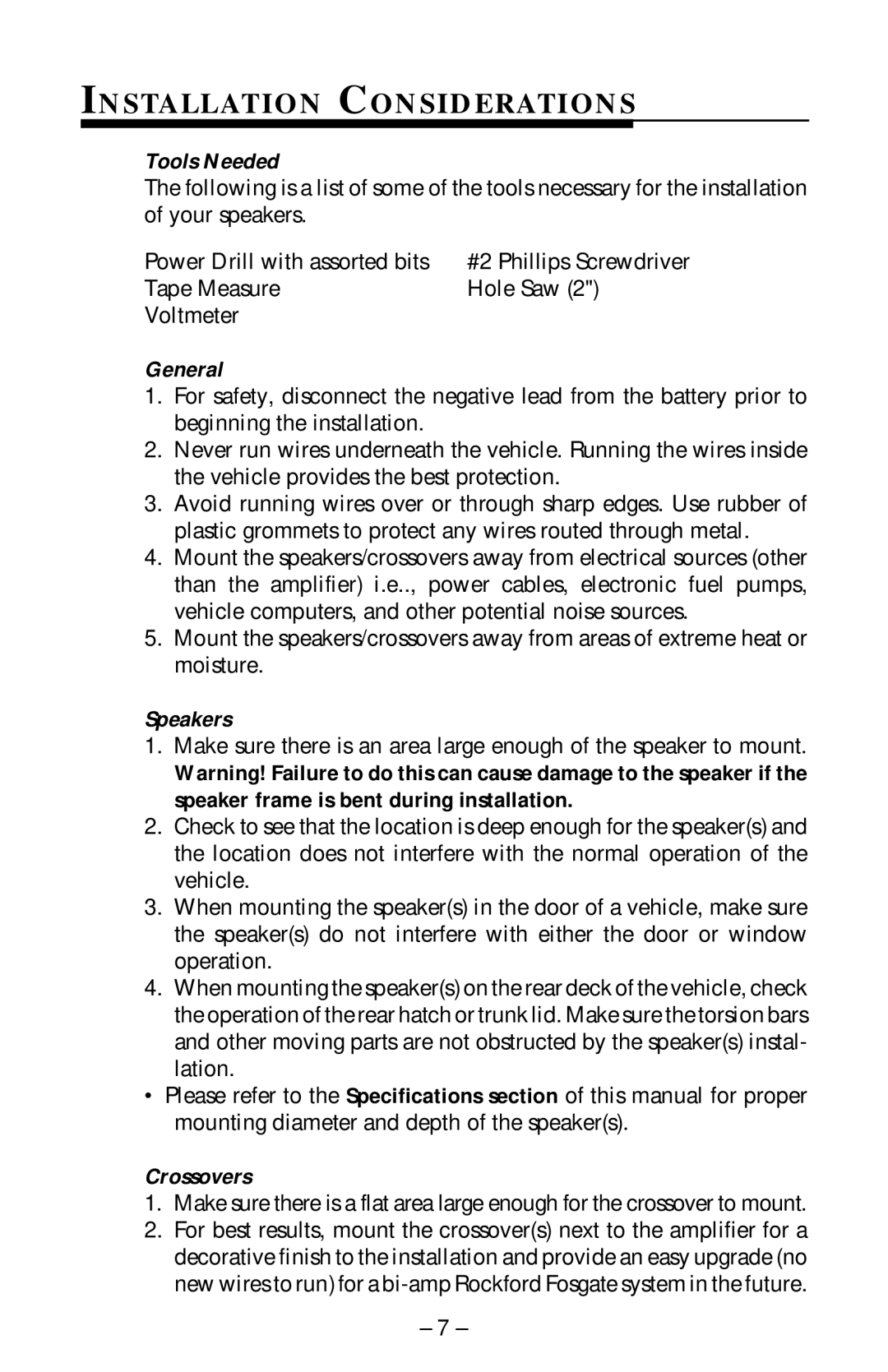 Rockford Fosgate RFA-414, RFA-514, RFA-614 manual Installation Considerations, Tools Needed, General, Speakers, Crossovers 