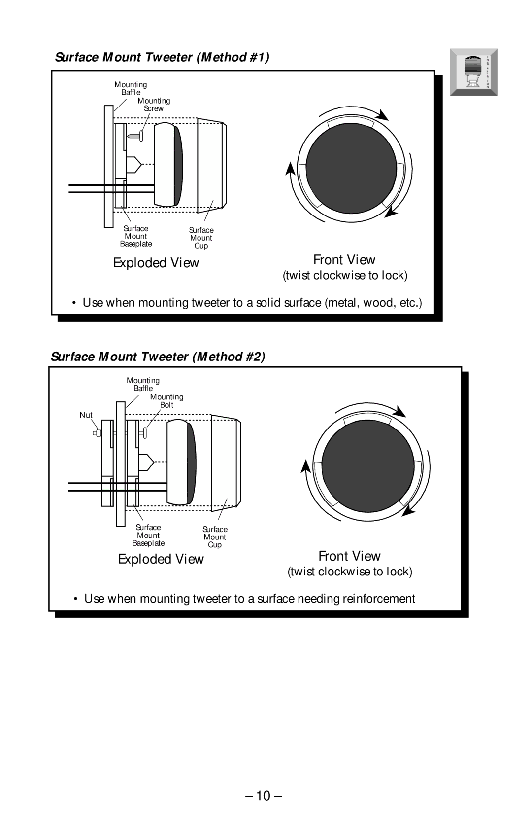 Rockford Fosgate RFA-414, RFA-514, RFA-614 manual Surface Mount Tweeter Method #1, Surface Mount Tweeter Method #2 