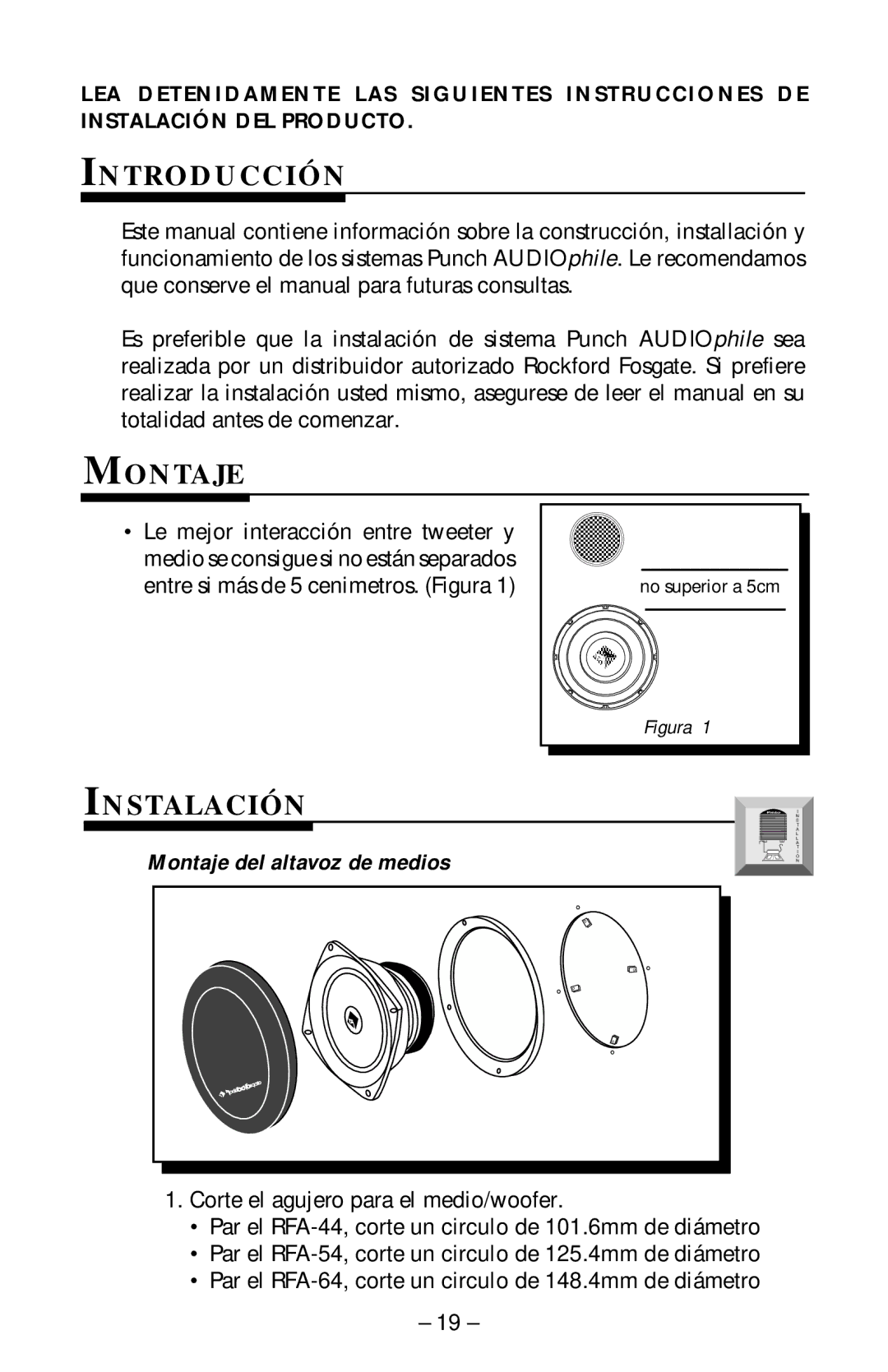 Rockford Fosgate RFA-414, RFA-514, RFA-614 manual Introducción, Instalación, Montaje del altavoz de medios 