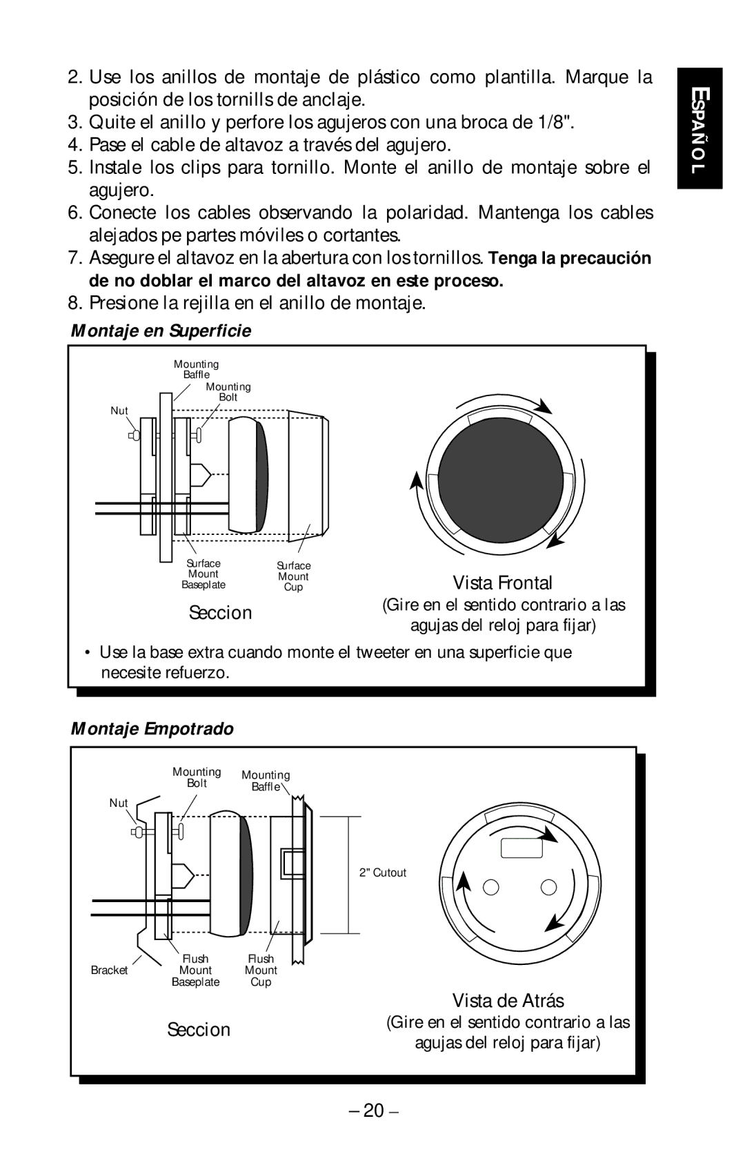 Rockford Fosgate RFA-614, RFA-514, RFA-414 manual Montaje en Superficie, Montaje Empotrado 