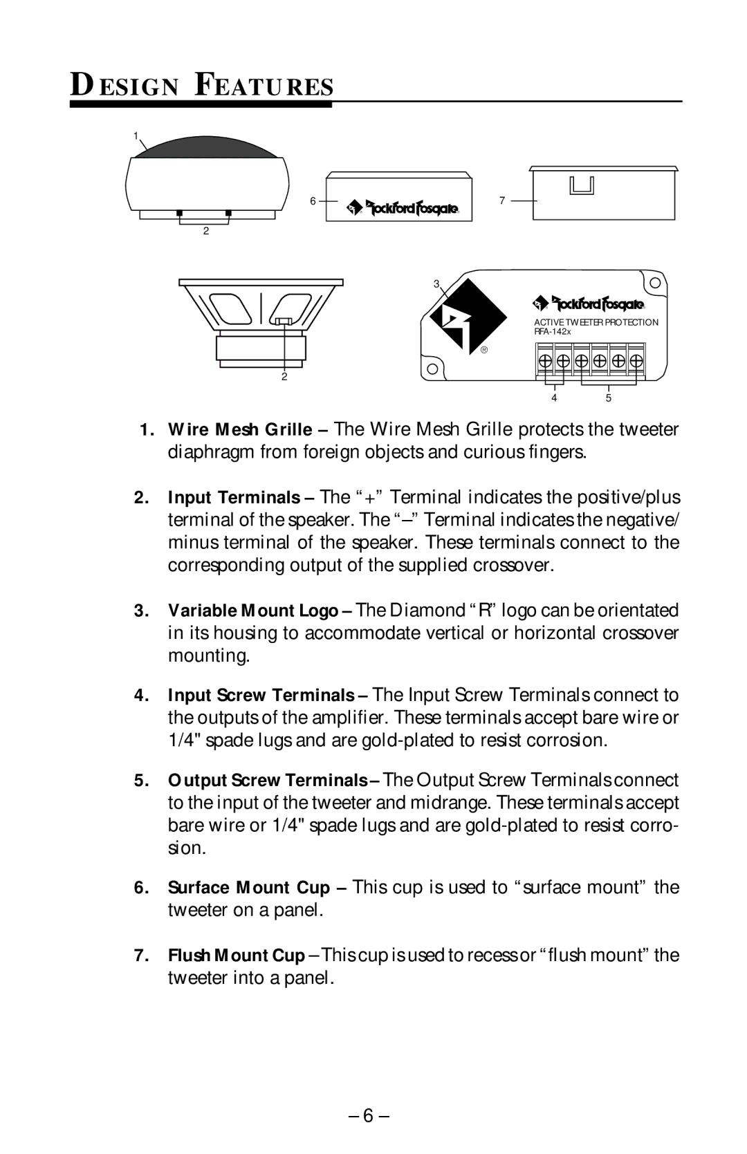 Rockford Fosgate RFA-514, RFA-414, RFA-614 manual Design Features 