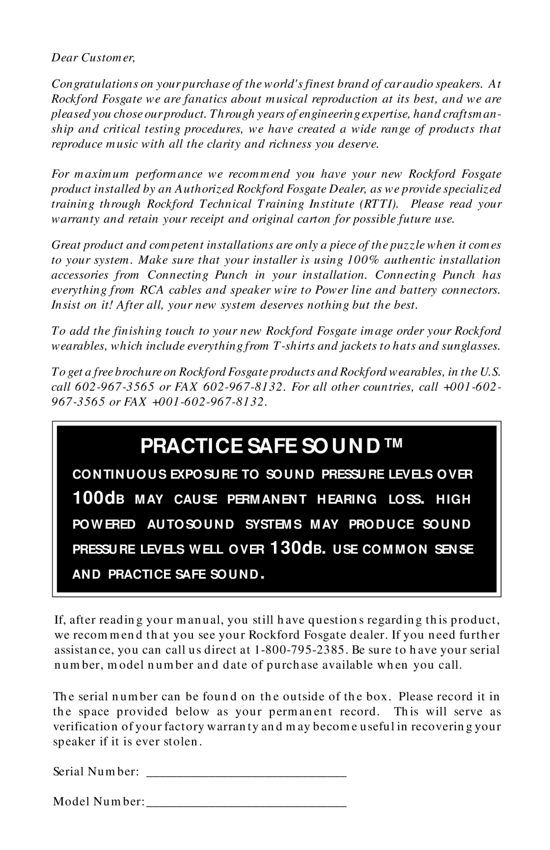 Rockford Fosgate RFB-1082, RFB-1102, RFB-1122 manual Practice Safe Sound 