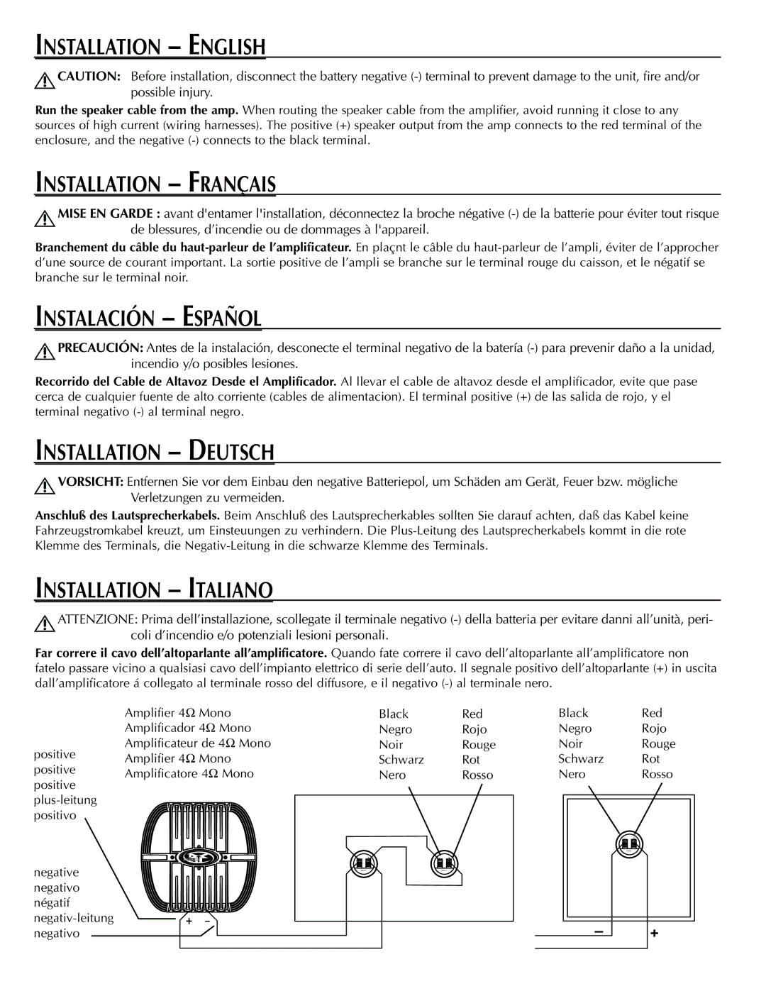 Rockford Fosgate RFB3081, RFB3121 Installation English, Installation Français, Instalación Español, Installation Deutsch 