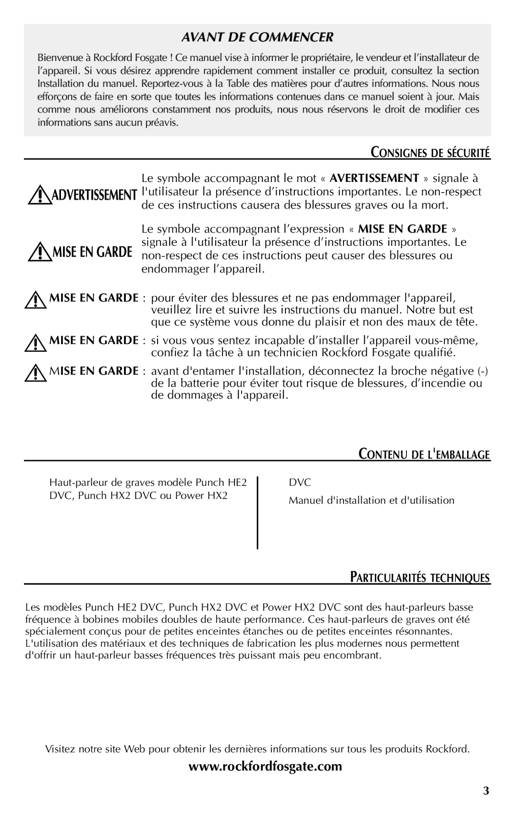 Rockford Fosgate RFD2215, RFD2110, RFD2115, RFD2112 Consignes DE Sécurité, Contenu DE Lemballage, Particularités Techniques 