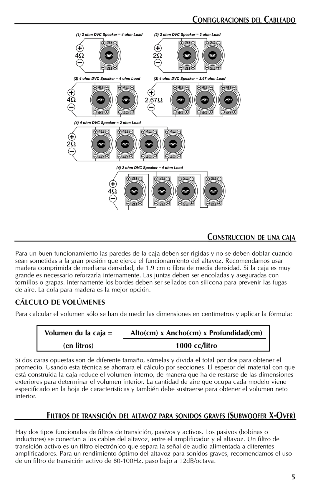 Rockford Fosgate RFP3215 manual Configuraciones DEL Cableado Construccion DE UNA Caja, Cálculo DE Volúmenes, 1000 cc/litro 