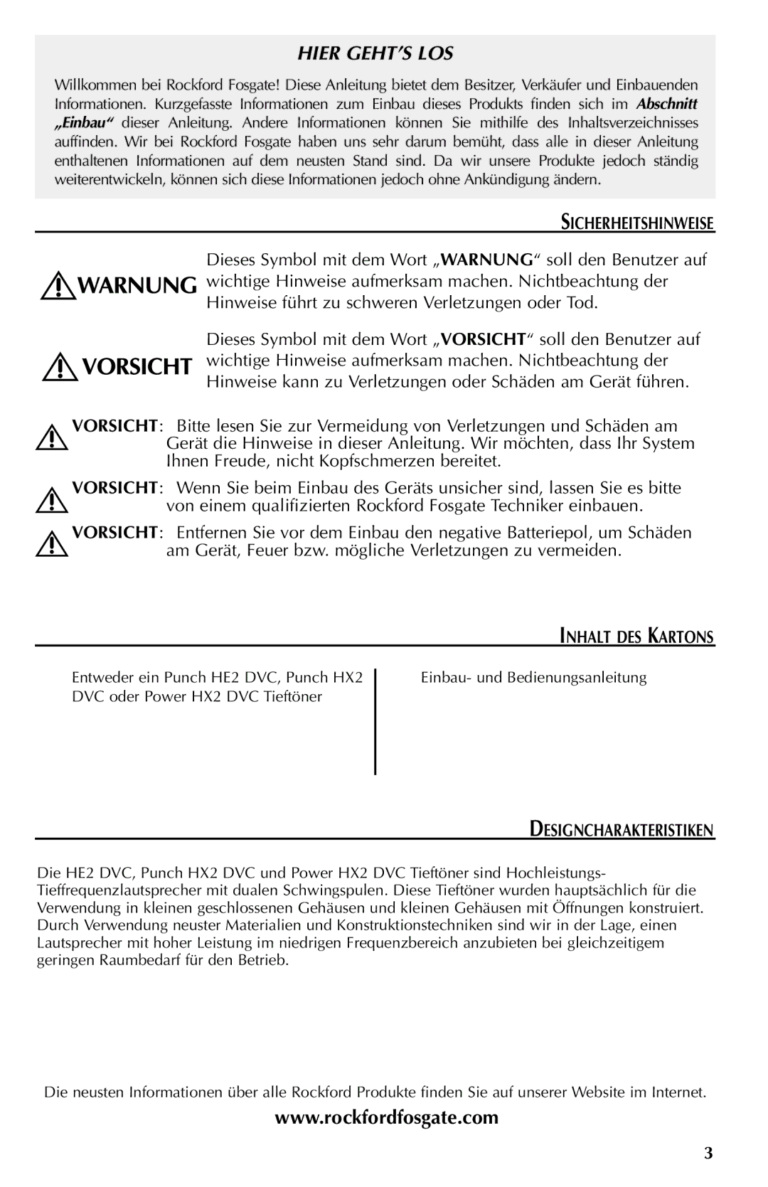 Rockford Fosgate RFD2208, RFD2110, RFD2115, RFD2112, RFR3110, RFR3112, RFR3115 manual Sicherheitshinweise, Designcharakteristiken 