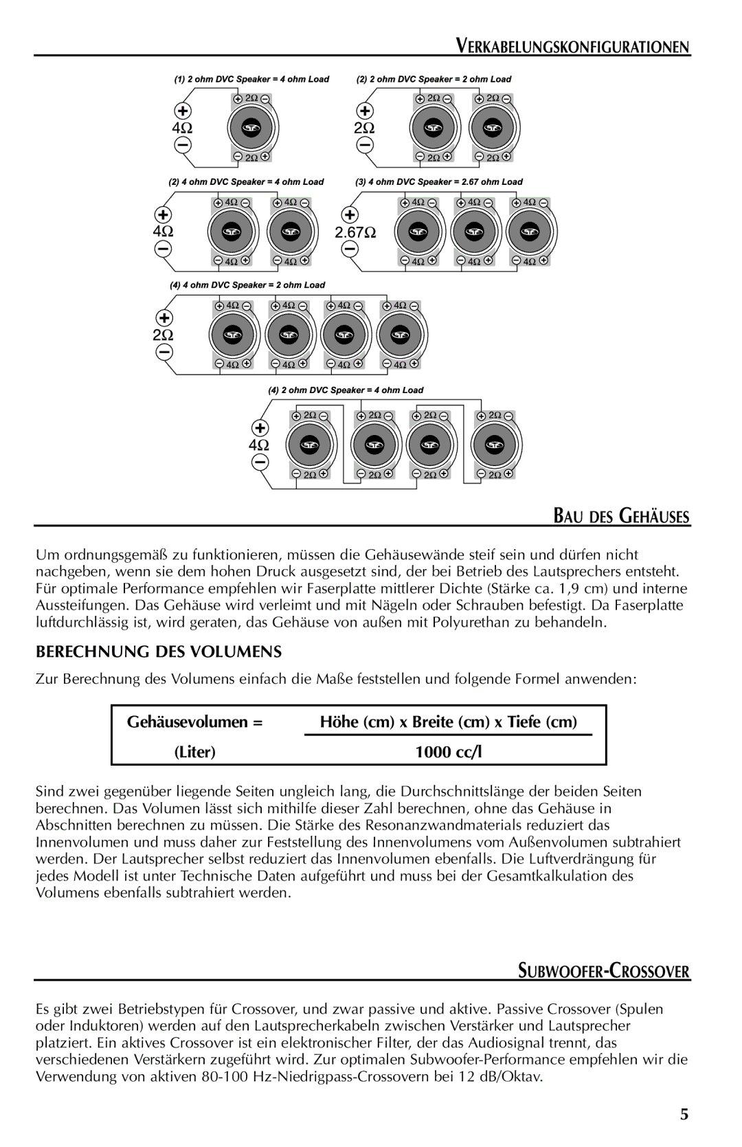 Rockford Fosgate RFD2210 manual Verkabelungskonfigurationen BAU DES Gehäuses, Berechnung DES Volumens, Subwoofer-Crossover 