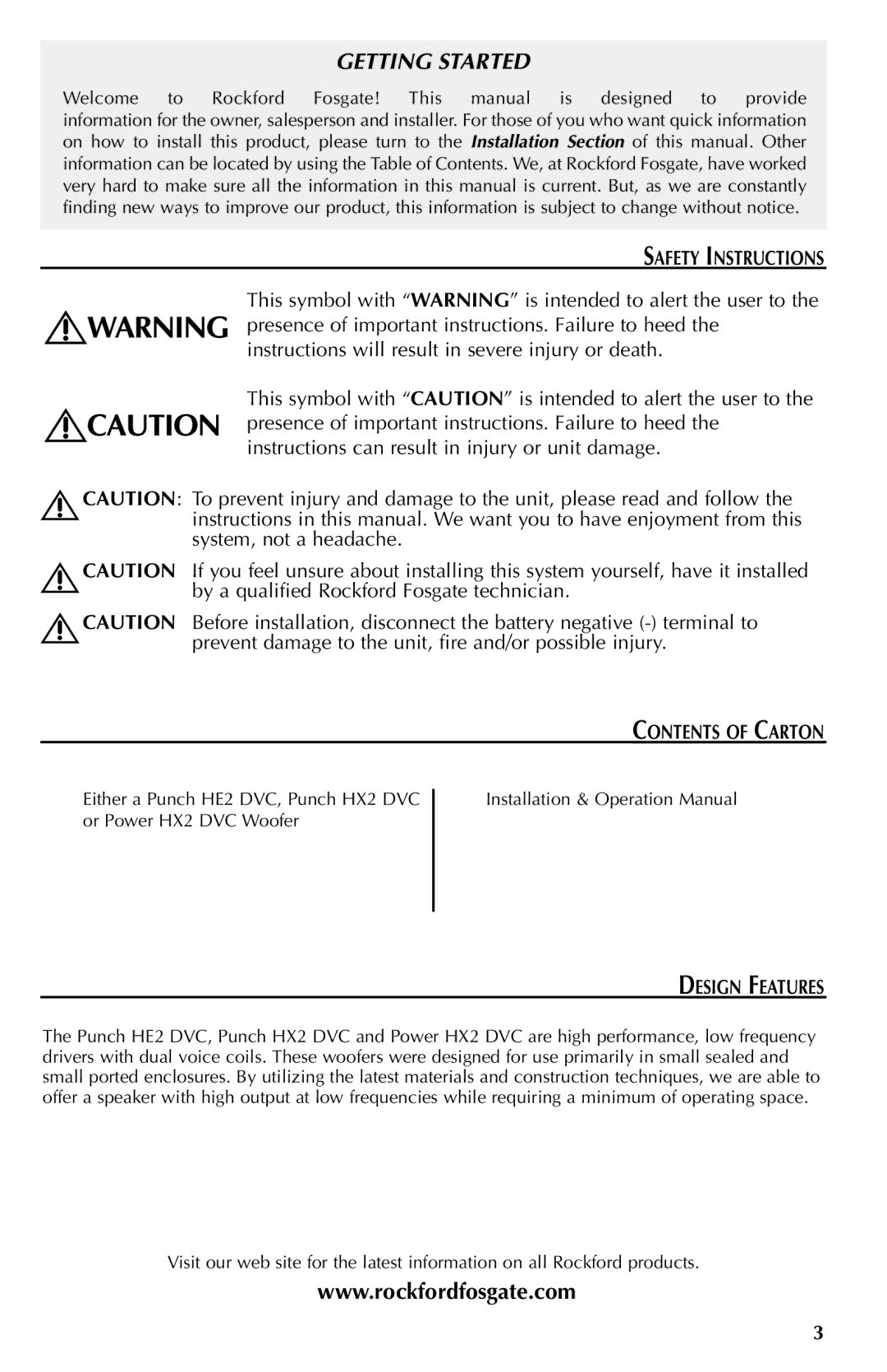 Rockford Fosgate RFR3110, RFD2110, RFD2115, RFD2112, RFR3112, RFR3115 Safety Instructions, Contents of Carton, Design Features 