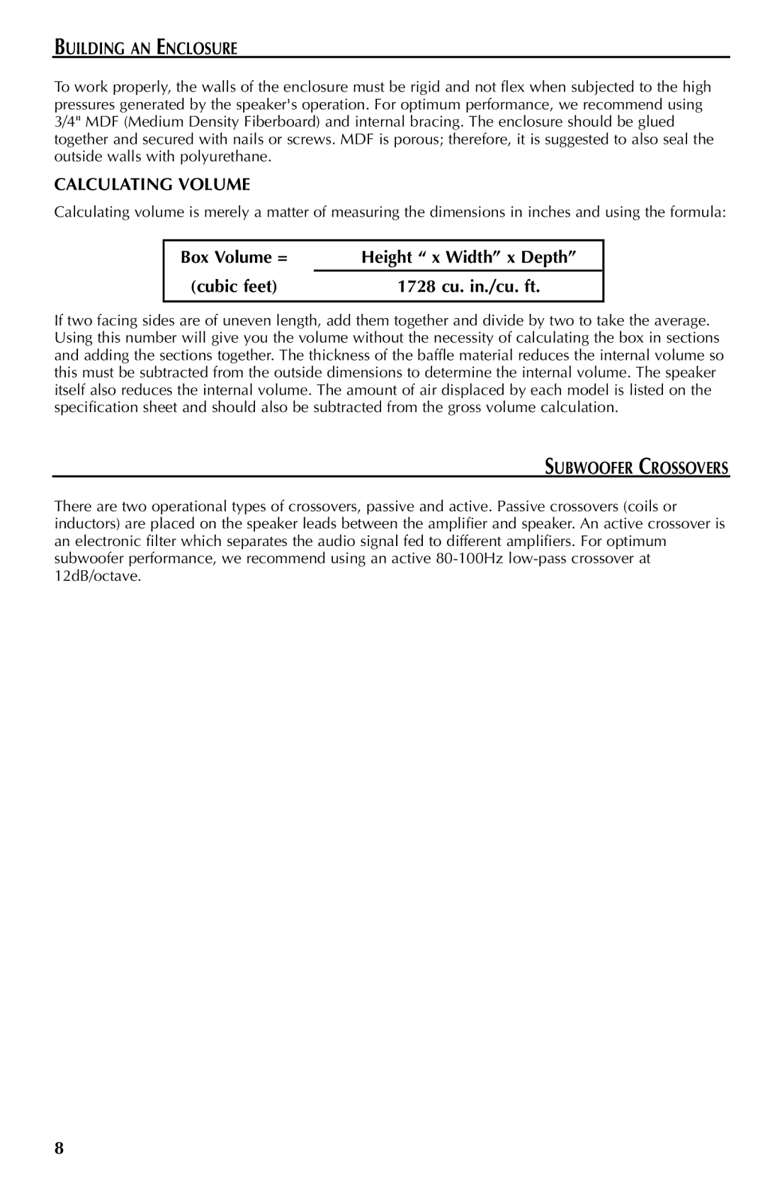 Rockford Fosgate RFP3212, RFD2110, RFD2115, RFD2112, RFR3110 Building AN Enclosure, Calculating Volume, Subwoofer Crossovers 