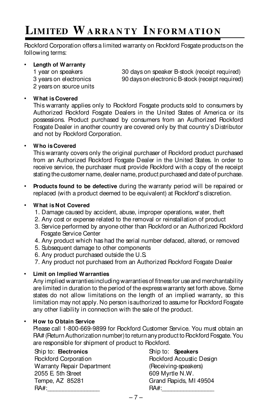 Rockford Fosgate RFP-1408/1808, RFP-1418/1815 manual Limited W a R R a N T Y I N F O R M AT I O N, Length of Warranty 