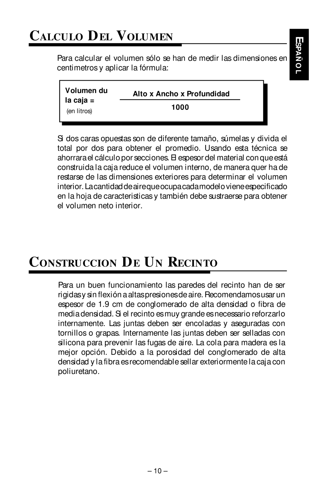 Rockford Fosgate RFP-1412/1812, RFP-1408/1808 Calculo DEL Volumen, Construccion DE UN Recinto, Volumen du, La caja = 1000 