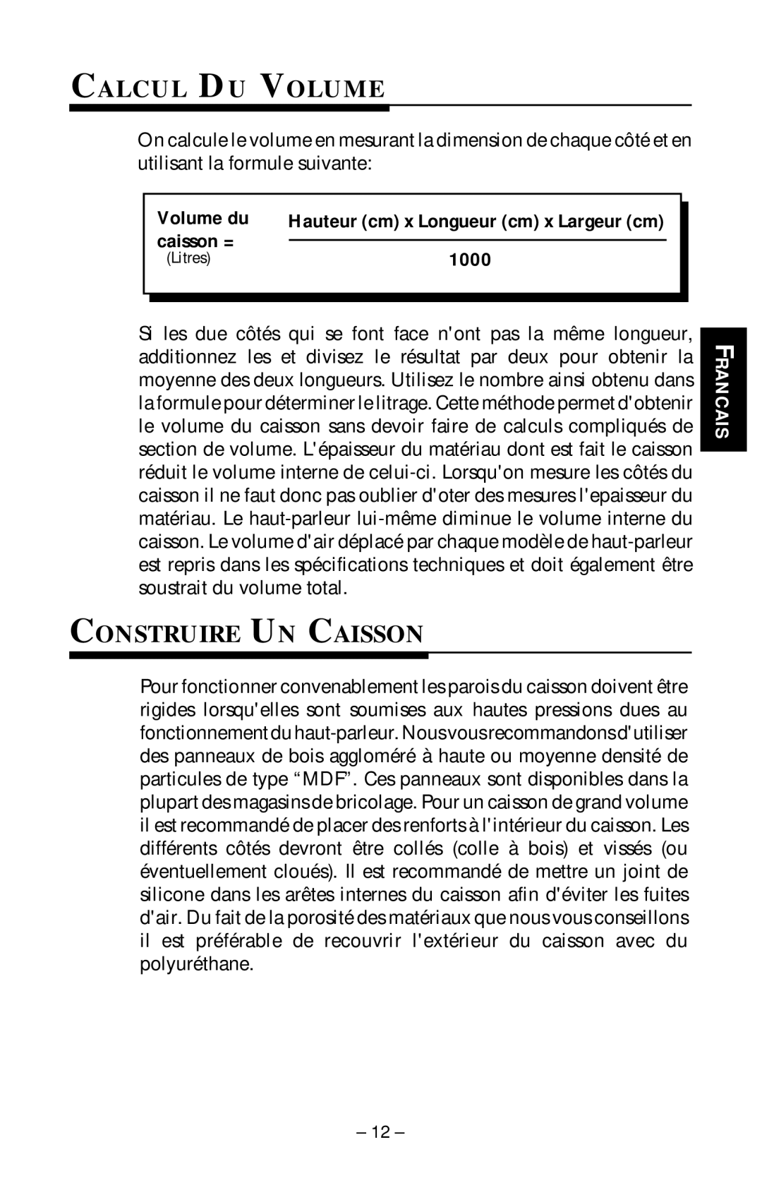 Rockford Fosgate RFP-1408/1808, RFP-1418/1815 manual Calcul DU Volume, Construire UN Caisson, Volume du, Caisson = 1000 