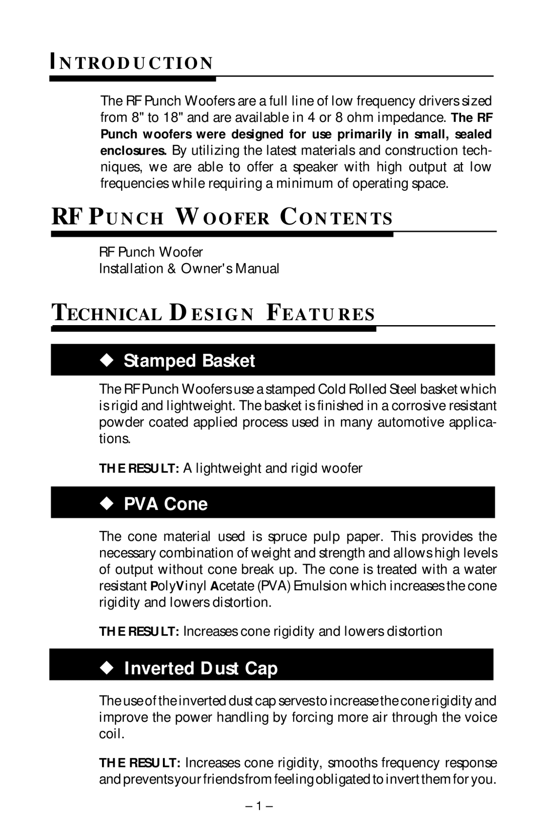 Rockford Fosgate RFP-1410/1810 manual T R O D U C T I O N, RF Punch Woofer Contents, Technical DE S I G N F E AT U R E S 