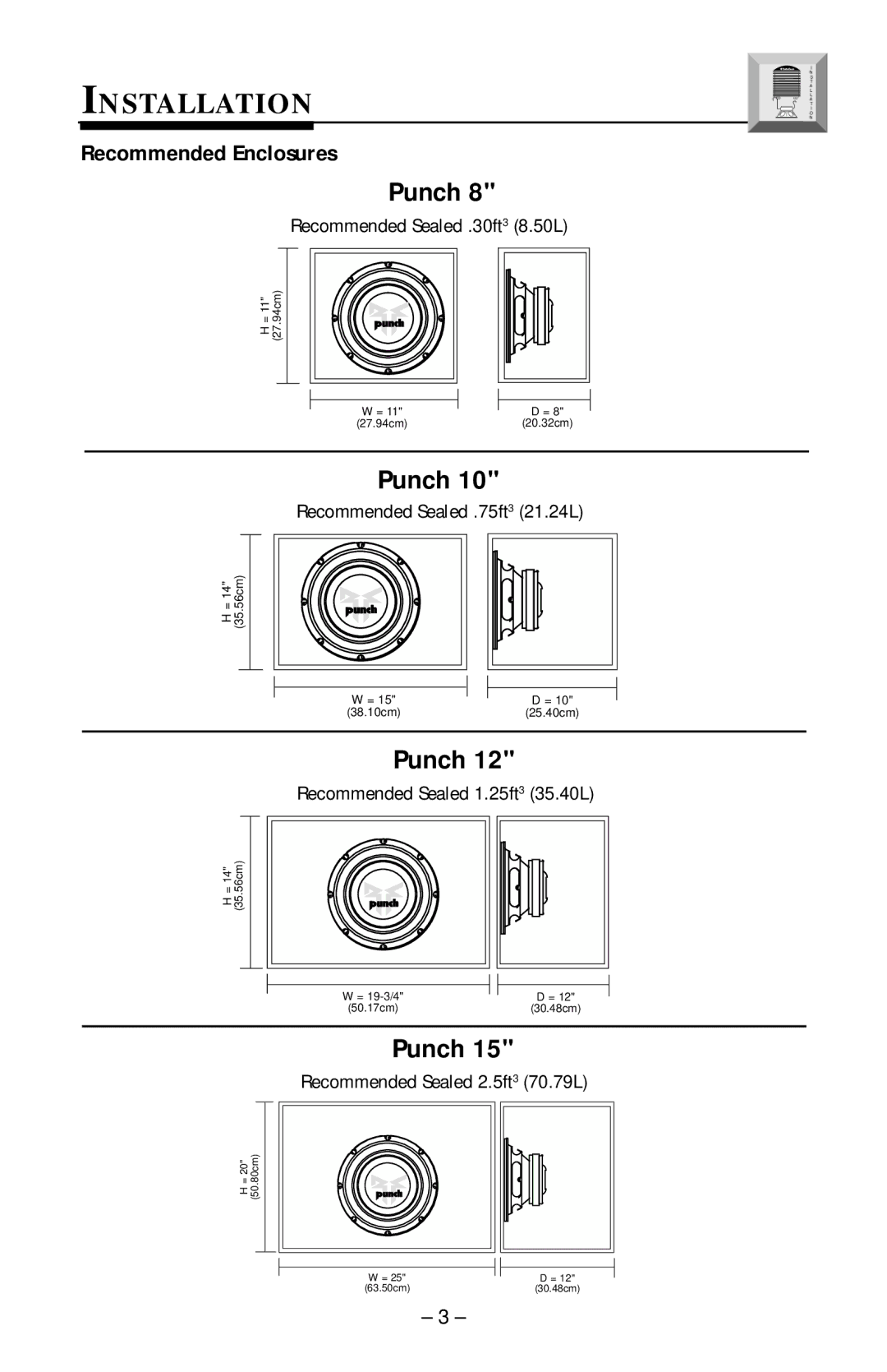 Rockford Fosgate RFP-1418/1815, RFP-1408/1808, RFP-1415/1815, RFP-1412/1812 manual Installation, Recommended Enclosures 