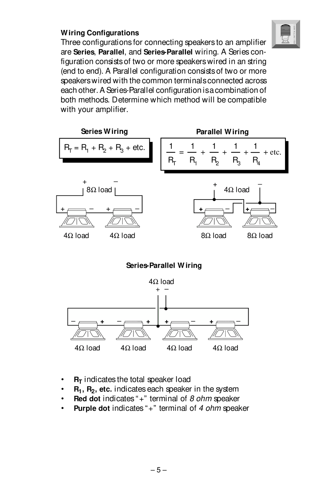 Rockford Fosgate RFP-1412/1812, RFP-1408/1808 manual Wiring Configurations, Series Wiring, Series-Parallel Wiring 