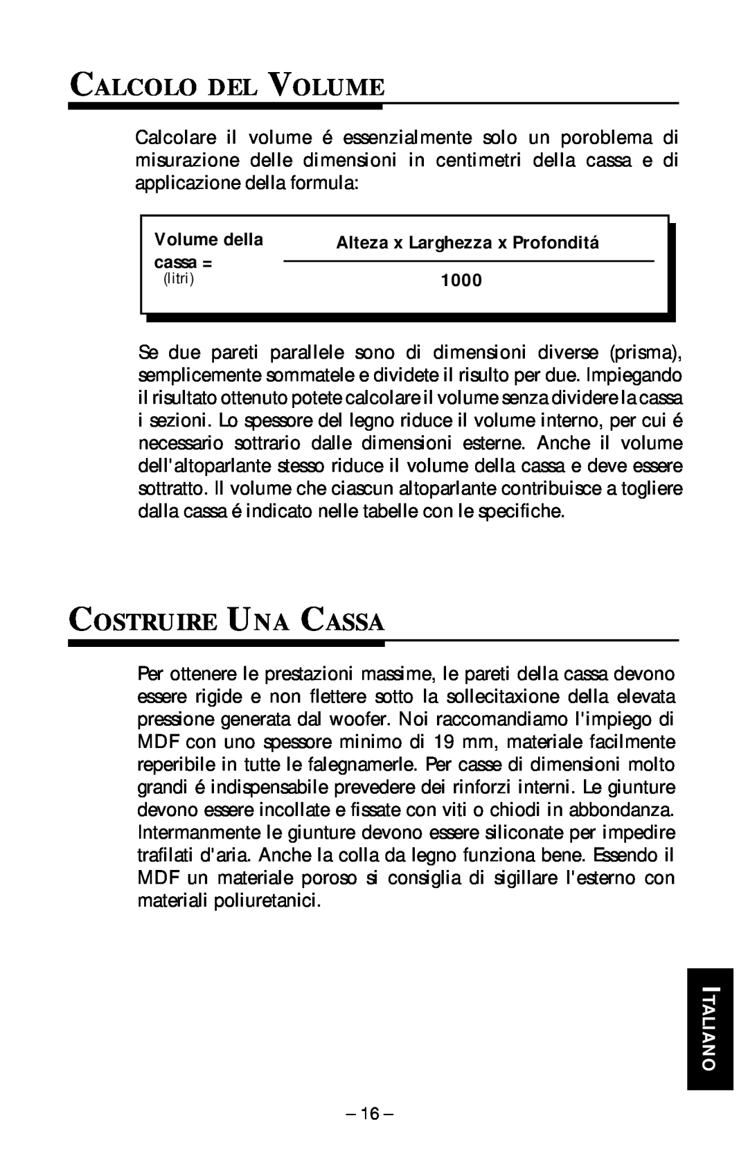 Rockford Fosgate RFP-1410/1810, RFP-1408/1808, RFP-1418/1815 manual Calcolo Del Volume, Costruire Una Cassa, Italiano 
