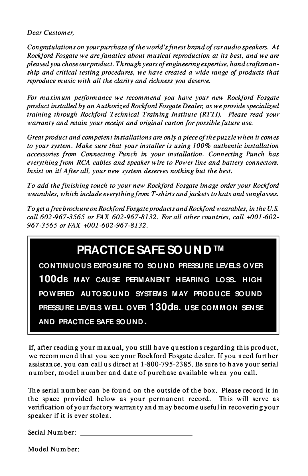 Rockford Fosgate RFP-1415/1815, RFP-1408/1808, RFP-1418/1815, RFP-1412/1812, RFP-1410/1810 manual Practice Safe Sound 