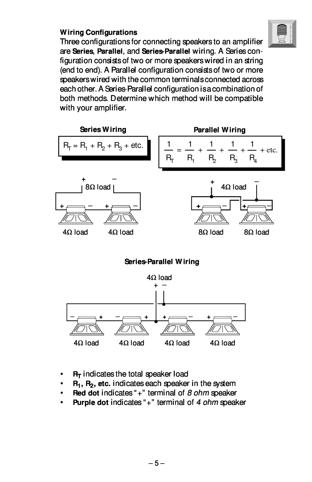 Rockford Fosgate RFP-1412/1812, RFP-1408/1808 manual Wiring Configurations, Series Wiring, Series-Parallel Wiring 