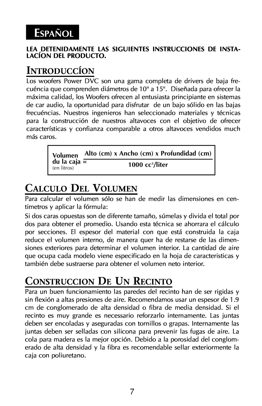 Rockford Fosgate RFD2218, RFP3208 manual Español, Introduccíon, Calculo Del Volumen, Construccion De Un Recinto 