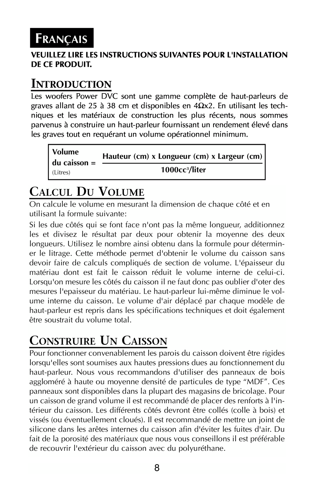 Rockford Fosgate RFP3208 Français, Introduction, Calcul Du Volume, Construire Un Caisson, du caisson =, 1000cc3/liter 