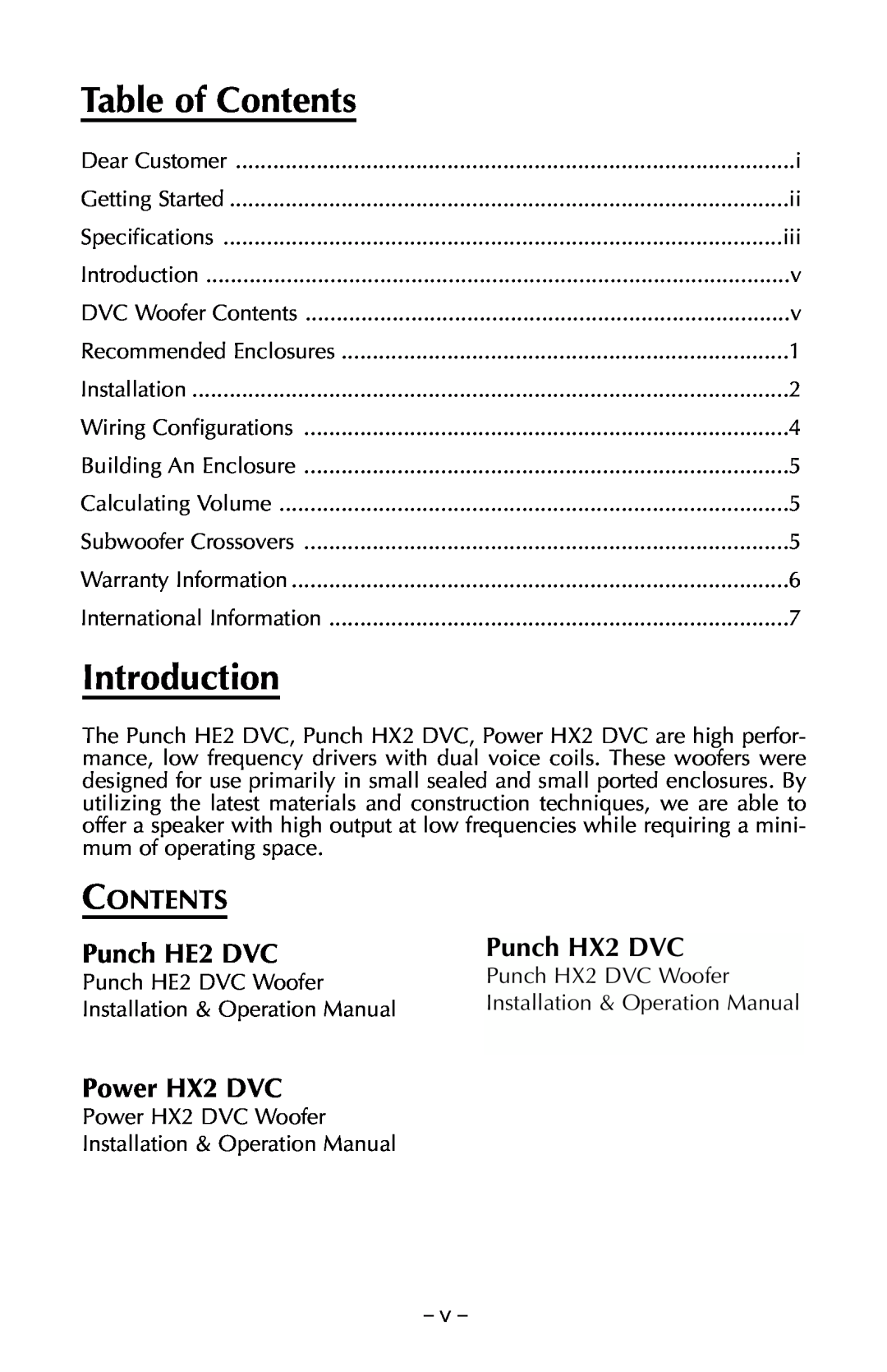Rockford Fosgate RFP3208, RFD2218 manual Table of Contents, Introduction, Punch HE2 DVC, Punch HX2 DVC, Power HX2 DVC 