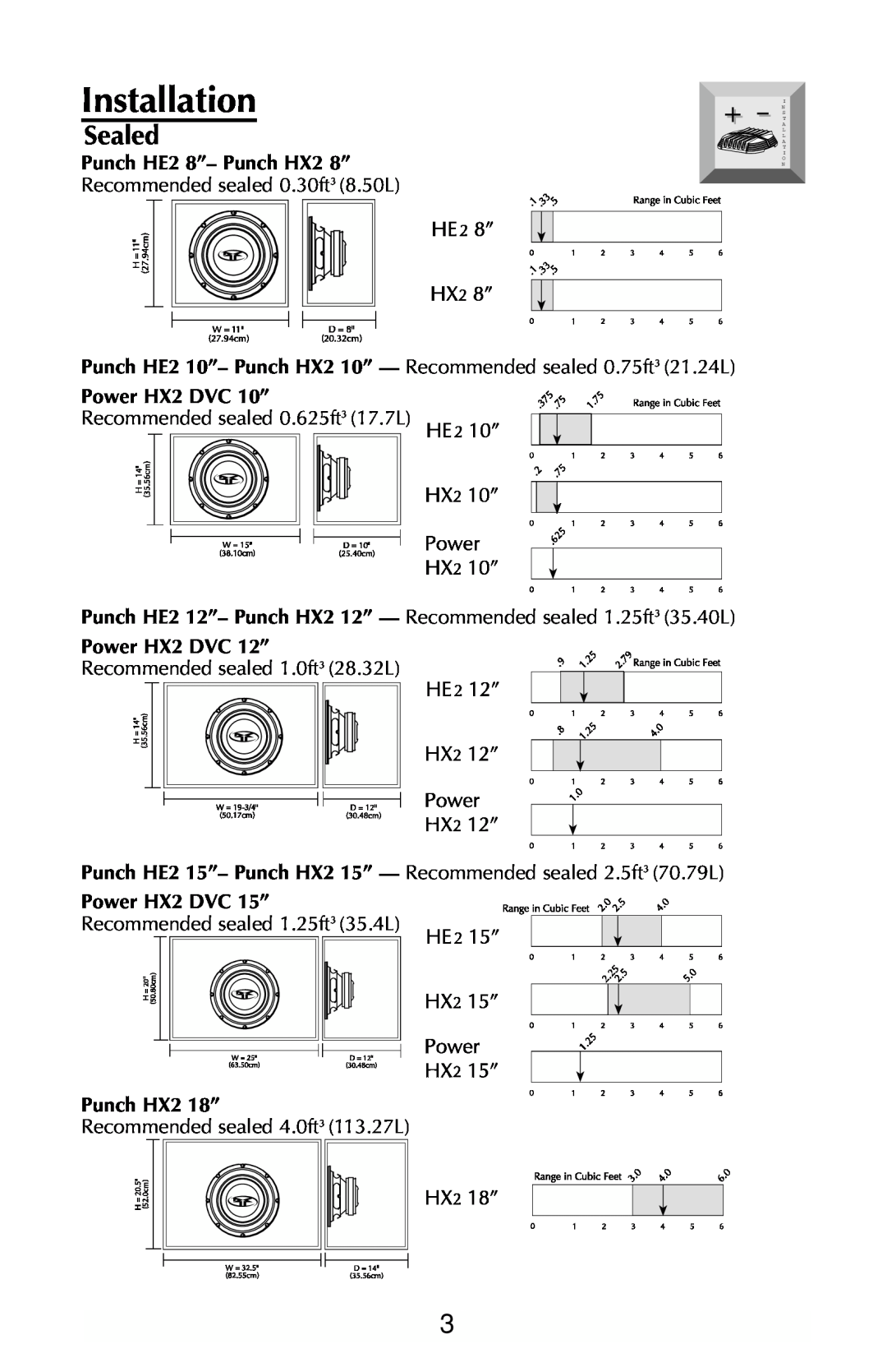 Rockford Fosgate RFD2218 manual Sealed, Installation, + - N, Punch HE2 8”- Punch HX2 8”, Power HX2 DVC 10”, Punch HX2 18” 