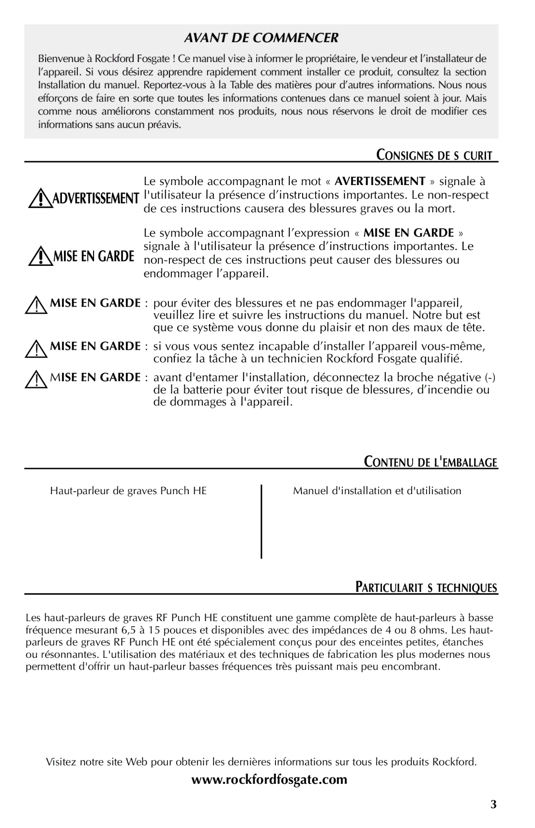 Rockford Fosgate RFP4815, RFP4812, RFP4806, RFP4412 Consignes DE Sécurité, Contenu DE Lemballage, Particularités Techniques 